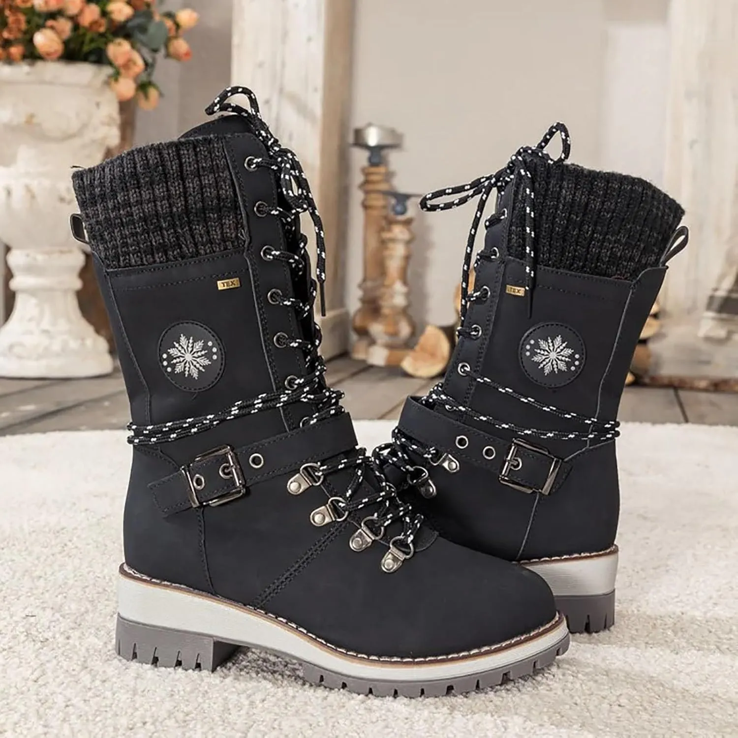 Women's Winter Warm Boots Fashion Belt Square Heel Snow Boots Lace Up Mid Tube Outdoor Walking Riding Pants
