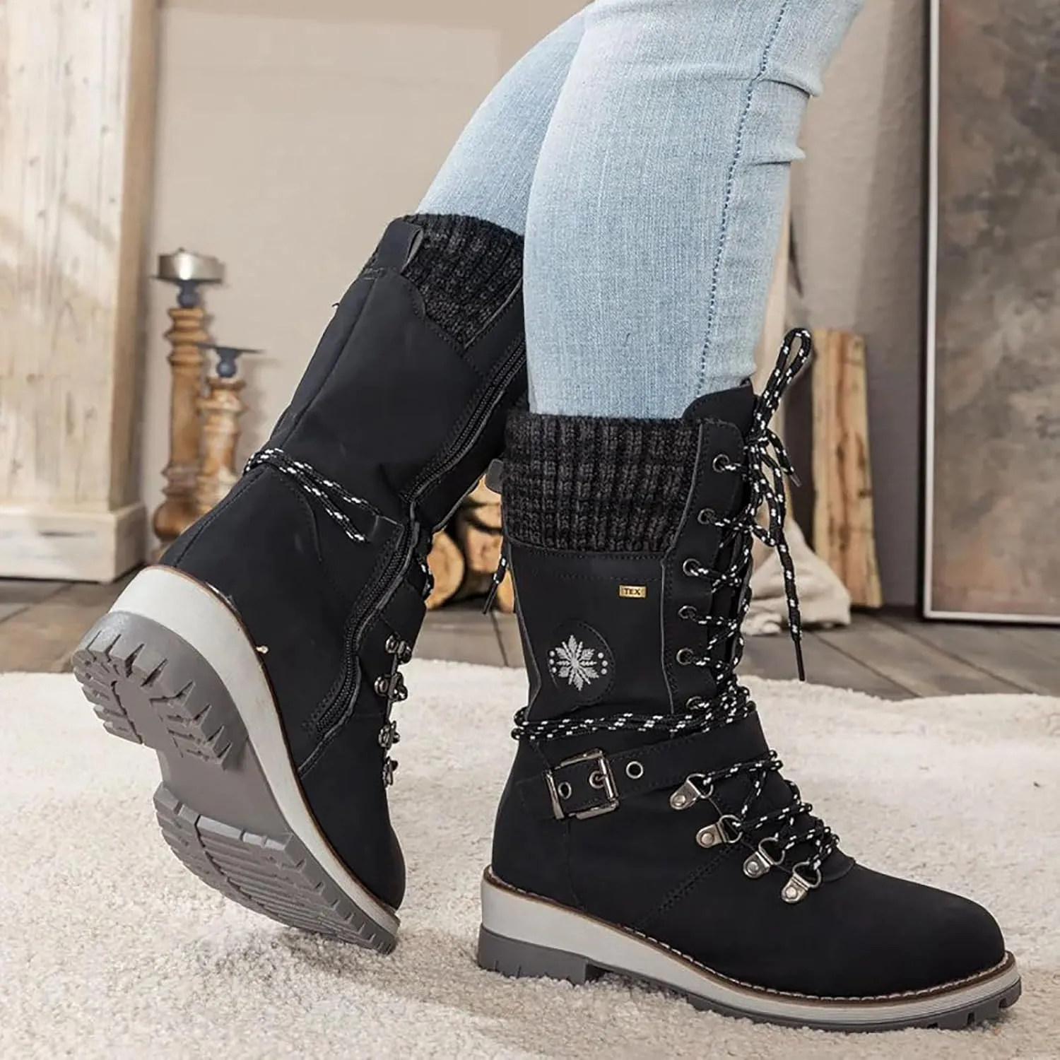 Women's Winter Warm Boots Fashion Belt Square Heel Snow Boots Lace Up Mid Tube Outdoor Walking Riding Pants