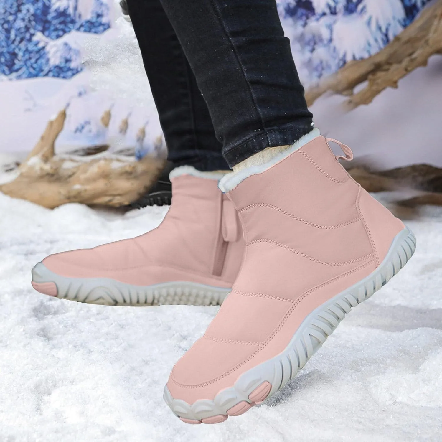 Women's Winter Warm Boots Solid Color Plush Insulated Snow Boots Soft Flat Non Slip Snow Hiking Boots Wide Width
