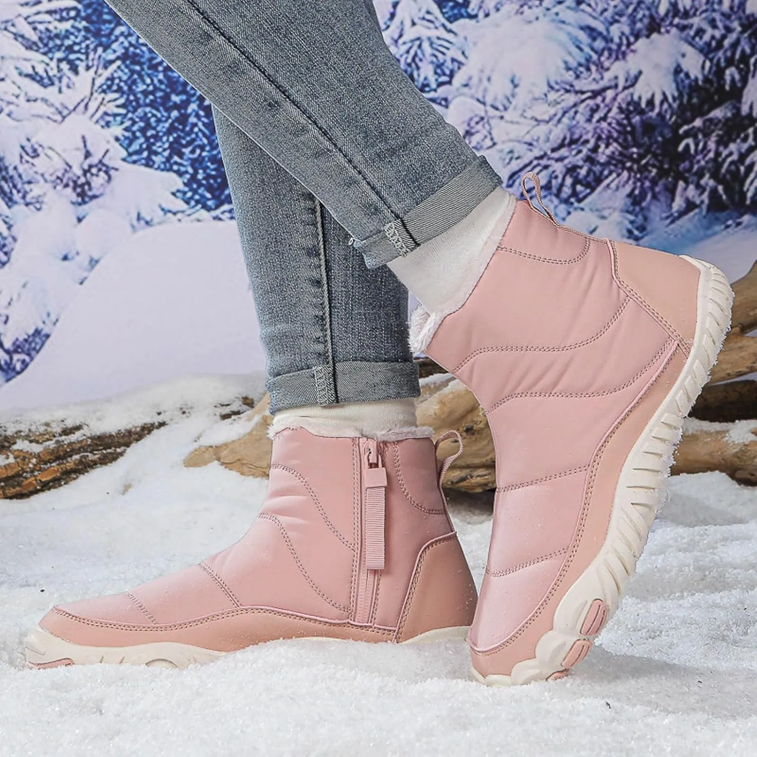 Women's Winter Warm Boots Solid Color Plush Insulated Snow Boots Soft Flat Non Slip Snow Hiking Boots Wide Width