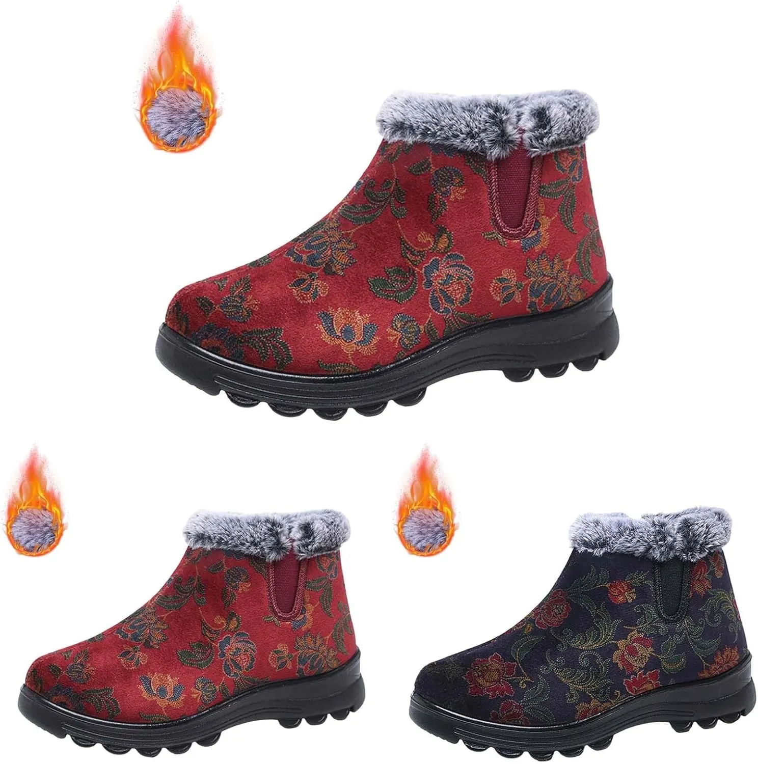 Women's Winter Warm Plush Lined Snow Ankle Boots Embroidered Warm Booties Comfortable Non-Slip Cotton Shoes