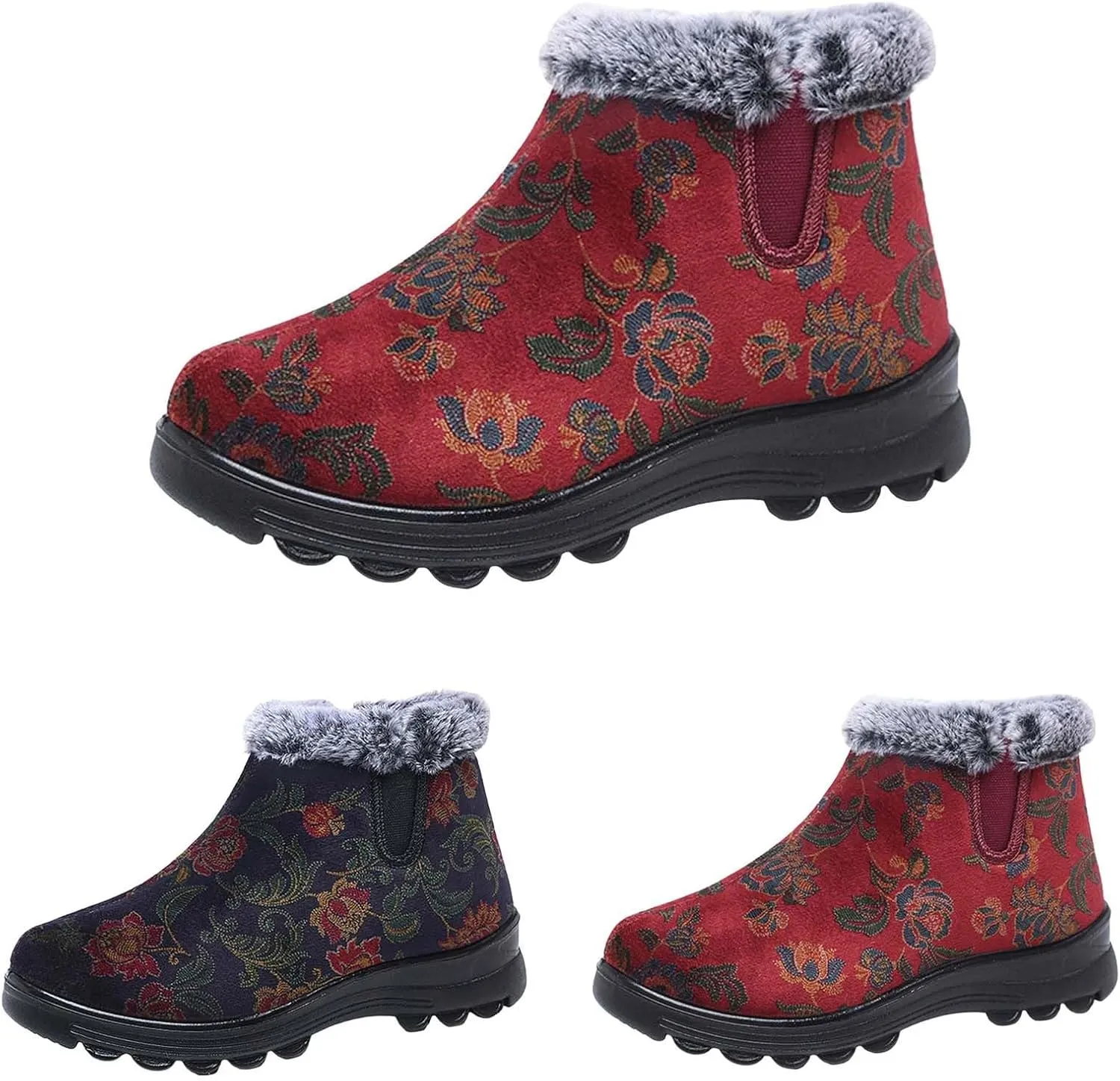 Women's Winter Warm Plush Lined Snow Ankle Boots Embroidered Warm Booties Comfortable Non-Slip Cotton Shoes