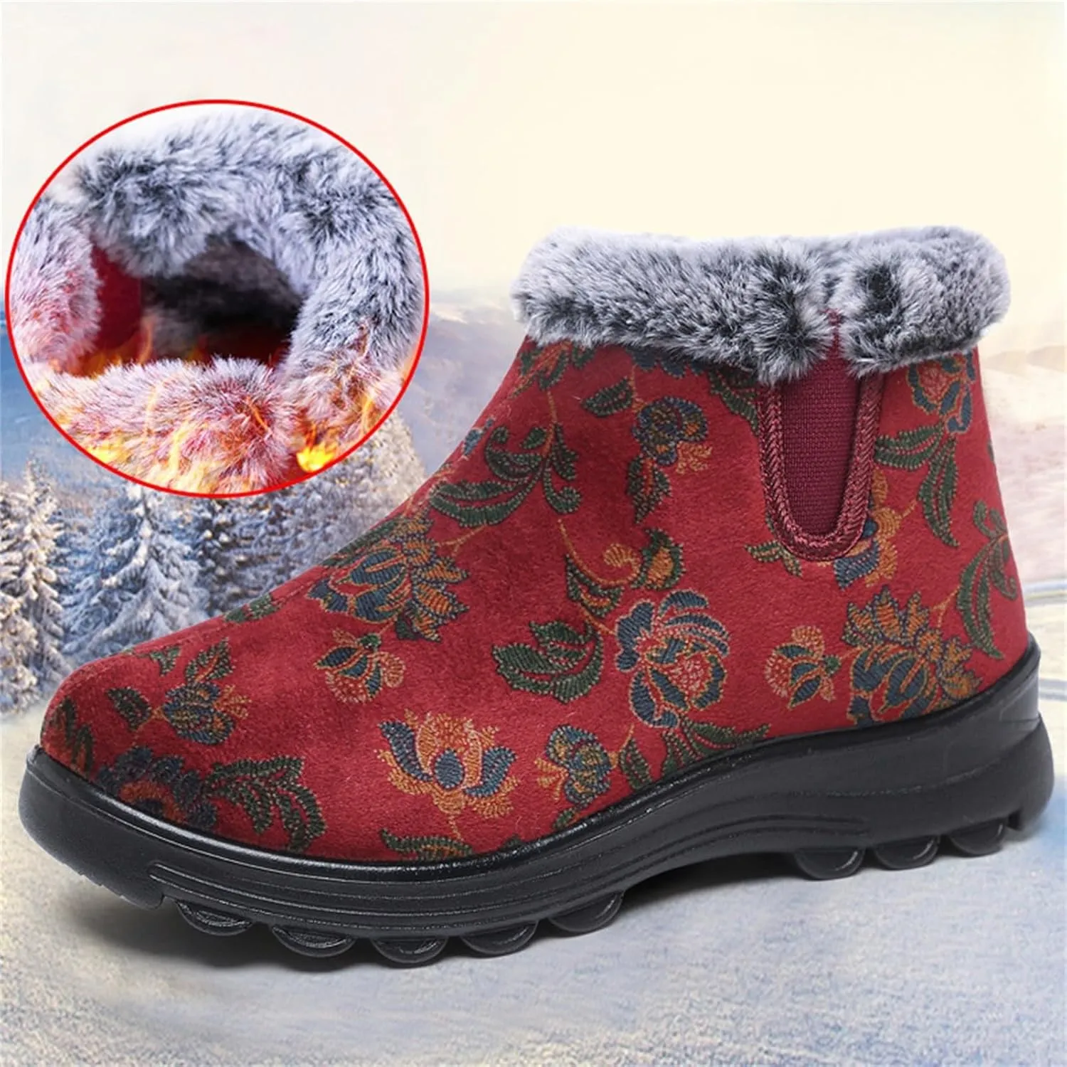 Women's Winter Warm Plush Lined Snow Ankle Boots Embroidered Warm Booties Comfortable Non-Slip Cotton Shoes