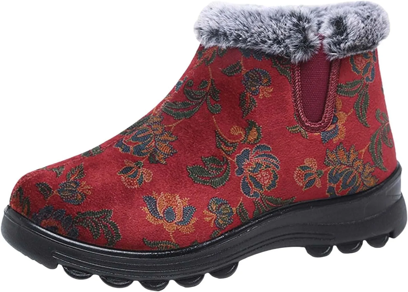 Women's Winter Warm Plush Lined Snow Ankle Boots Embroidered Warm Booties Comfortable Non-Slip Cotton Shoes