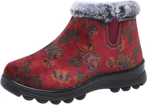 Women's Winter Warm Plush Lined Snow Ankle Boots Embroidered Warm Booties Comfortable Non-Slip Cotton Shoes