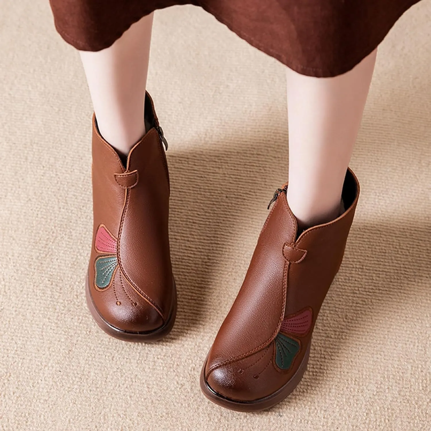 Women's Winter Warm Plush Lined Waterproof Snow Boots Embroidery Slip On Flat Ankle Boots Non-Slip Casual Booties