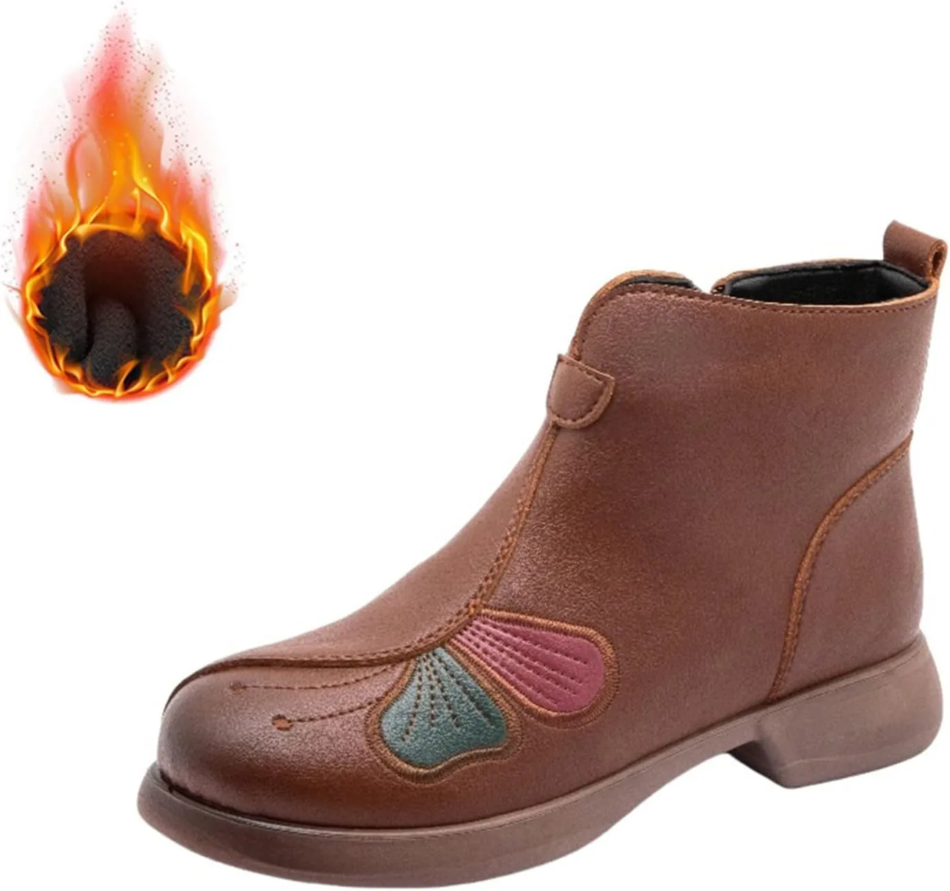 Women's Winter Warm Plush Lined Waterproof Snow Boots Embroidery Slip On Flat Ankle Boots Non-Slip Casual Booties