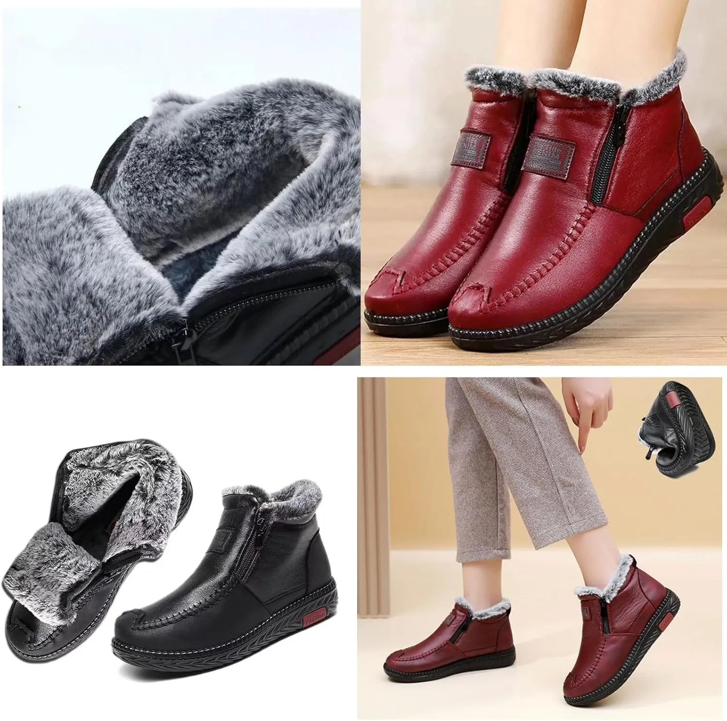 Women's Winter Waterproof Non-Slip Thick Plush Fur Lined Ankle Snow Boots,Mama Cotton Leather Shoes with Zipper