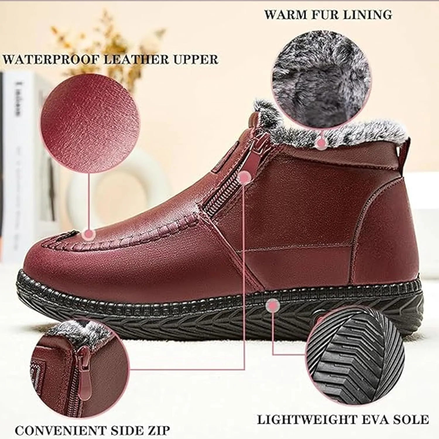 Women's Winter Waterproof Non-Slip Thick Plush Fur Lined Ankle Snow Boots,Mama Cotton Leather Shoes with Zipper