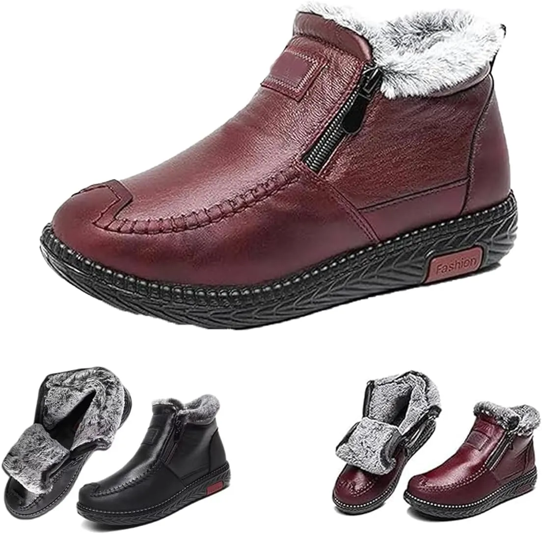 Women's Winter Waterproof Non-Slip Thick Plush Fur Lined Ankle Snow Boots,Mama Cotton Leather Shoes with Zipper