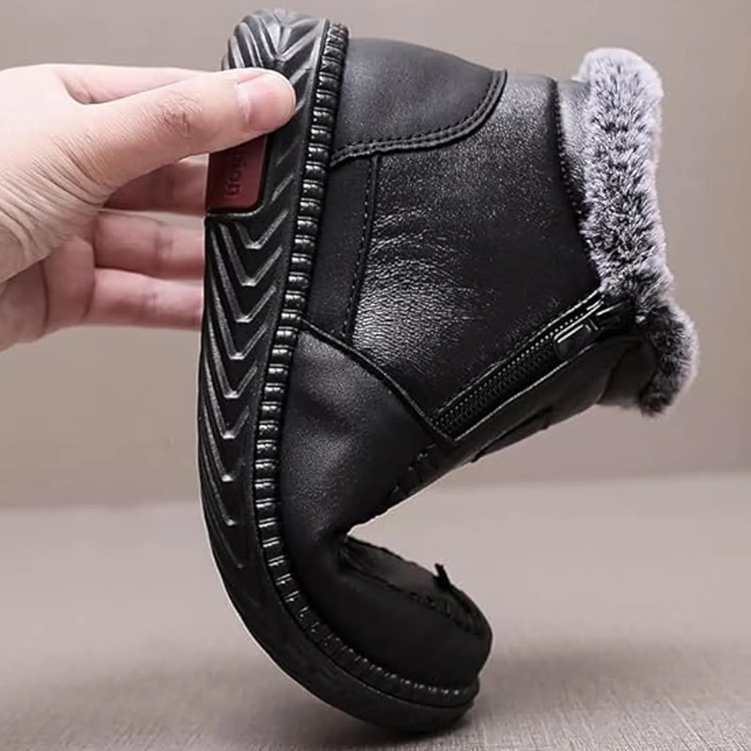 Women's Winter Waterproof Non-Slip Thick Plush Fur Lined Ankle Snow Boots,Mama Cotton Leather Shoes with Zipper