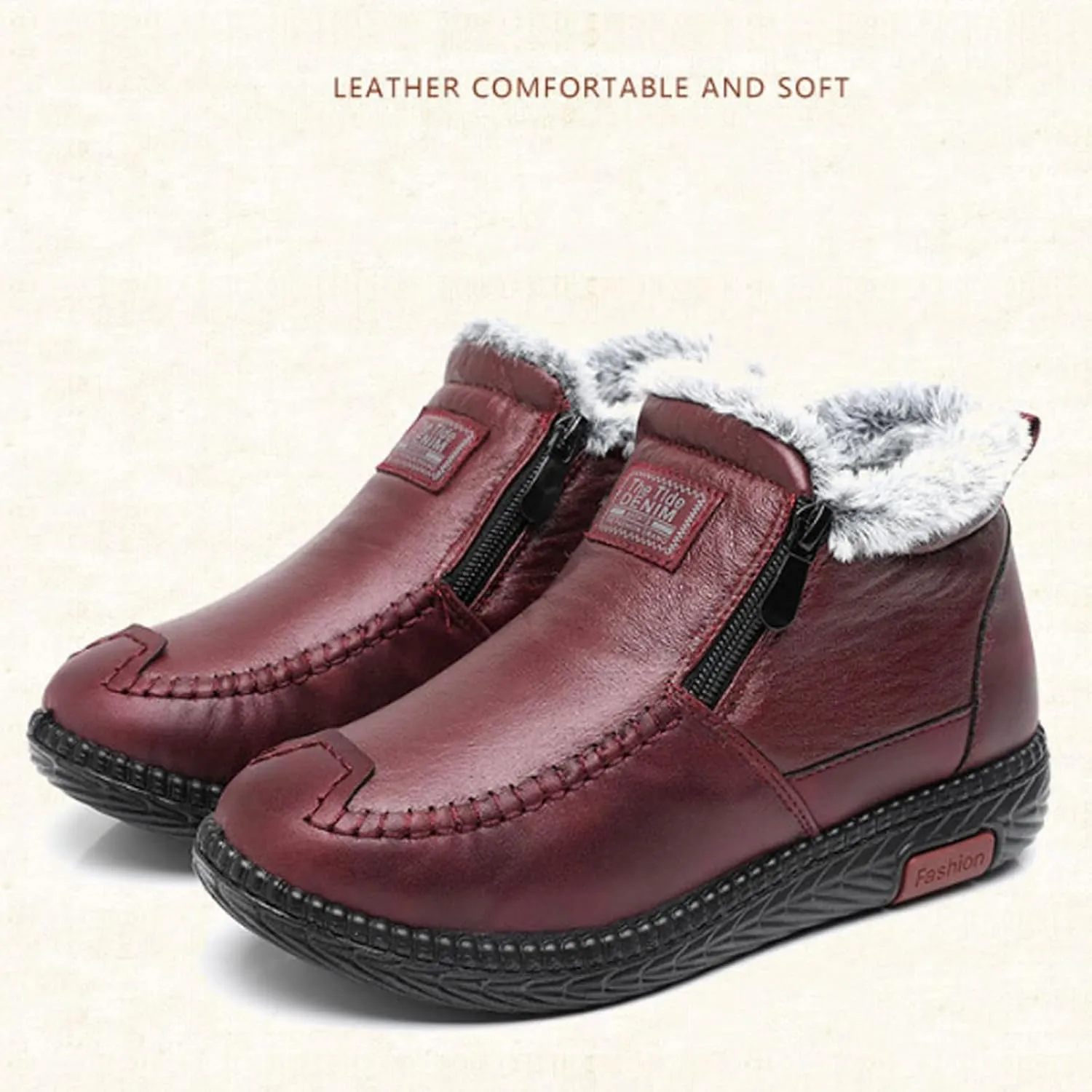 Women's Winter Waterproof Non-Slip Thick Plush Fur Lined Ankle Snow Boots,Mama Cotton Leather Shoes with Zipper