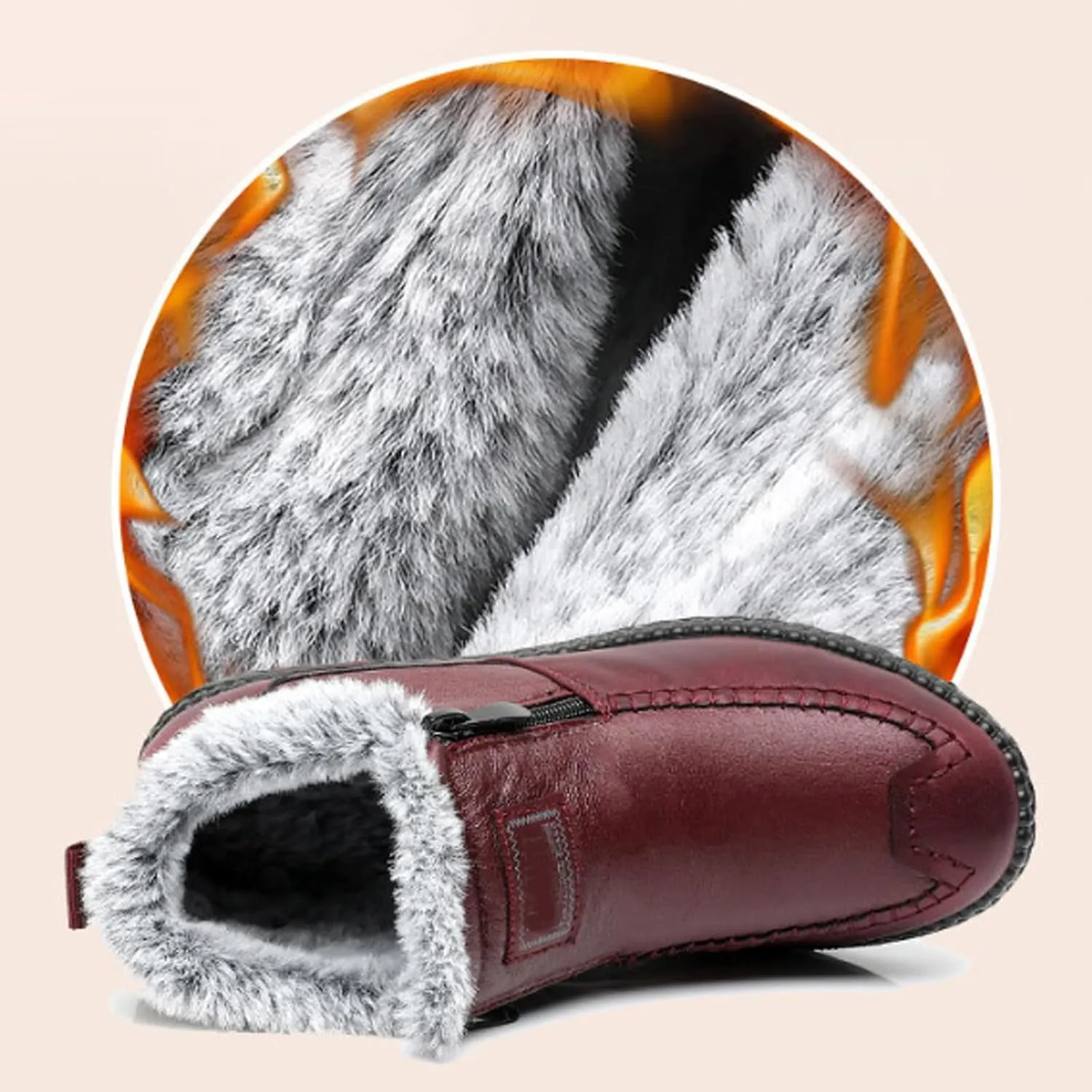 Women's Winter Waterproof Non-Slip Thick Plush Fur Lined Ankle Snow Boots,Mama Cotton Leather Shoes with Zipper