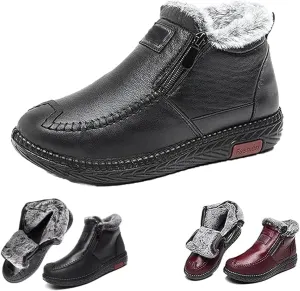Women's Winter Waterproof Non-Slip Thick Plush Fur Lined Ankle Snow Boots,Mama Cotton Leather Shoes with Zipper
