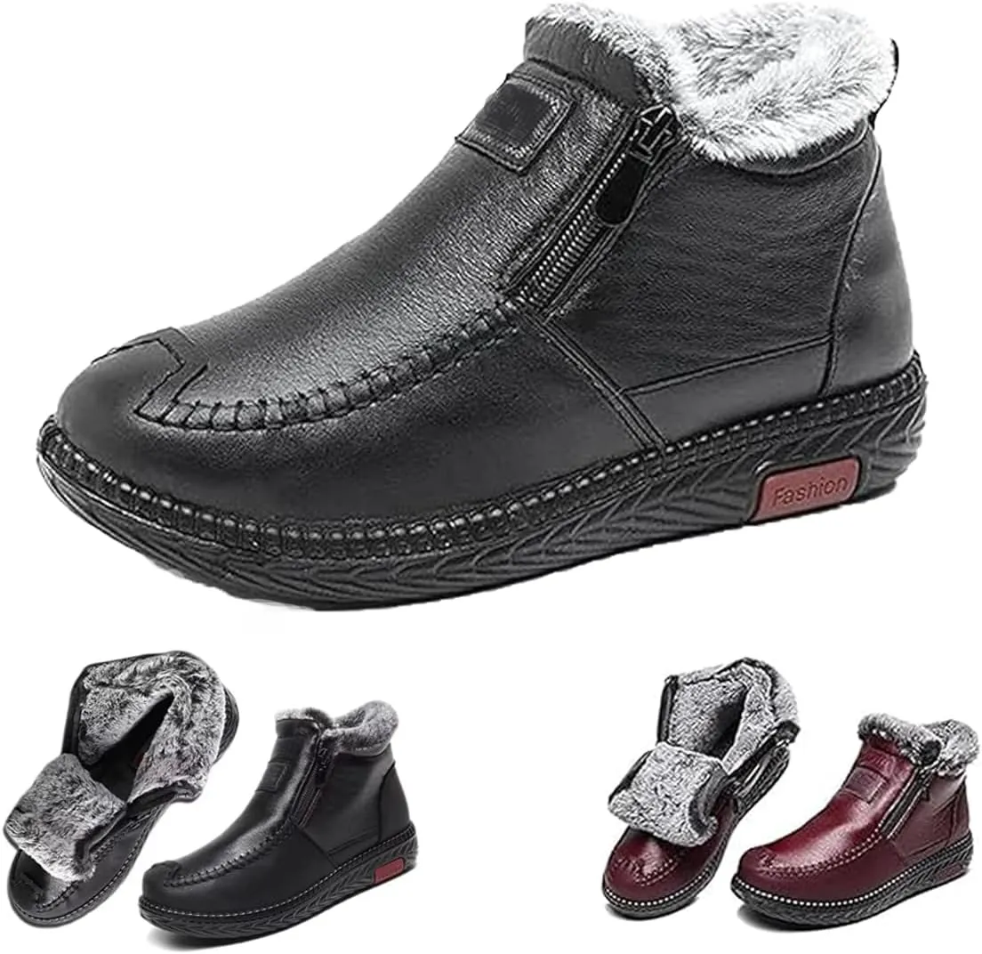 Women's Winter Waterproof Non-Slip Thick Plush Fur Lined Ankle Snow Boots,Mama Cotton Leather Shoes with Zipper