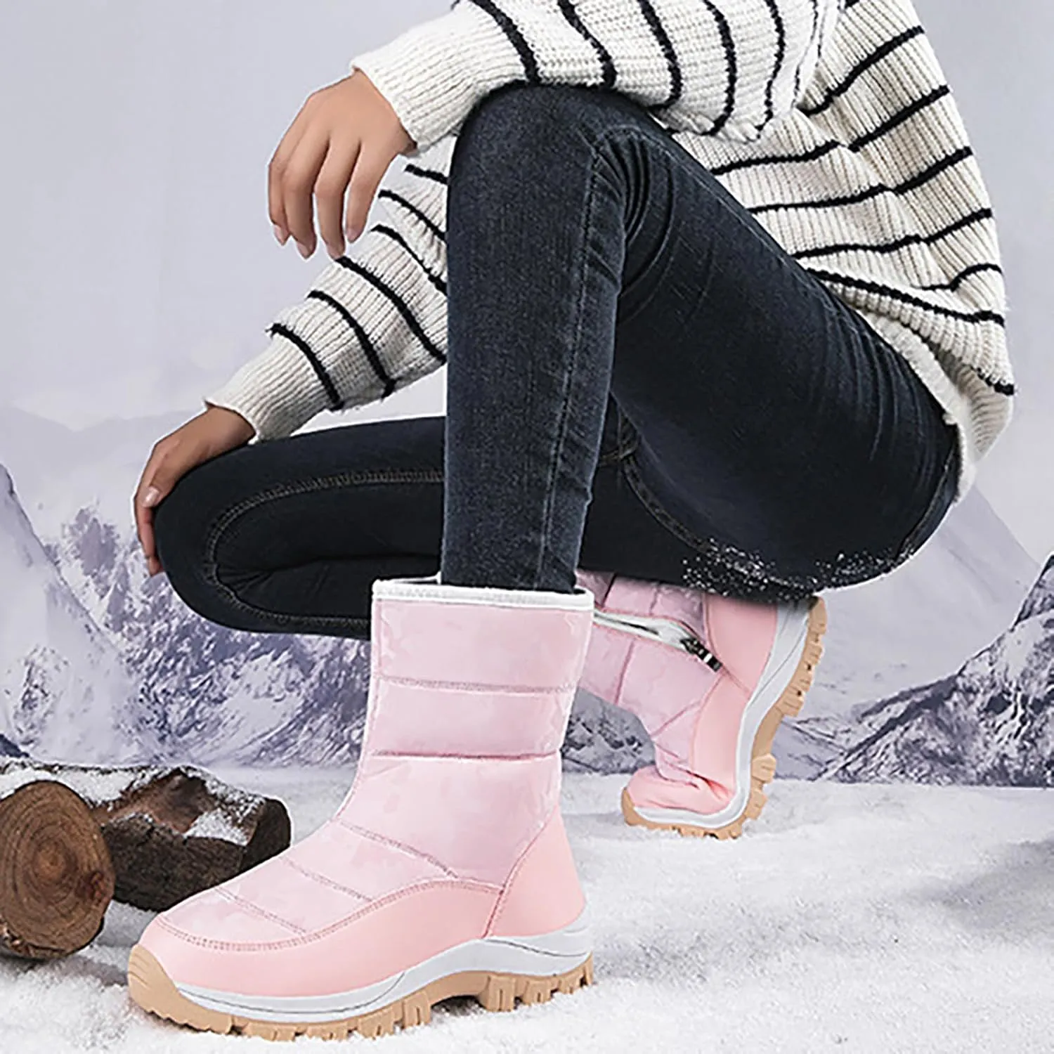Women'S Winter Waterproof Platform Snow Boots Side Zipper Warm Fur Lined Outdoor Anti Slip Booties Casual Comfortable Insulation Cold-Resistant Mid-Calf Boot Shoes