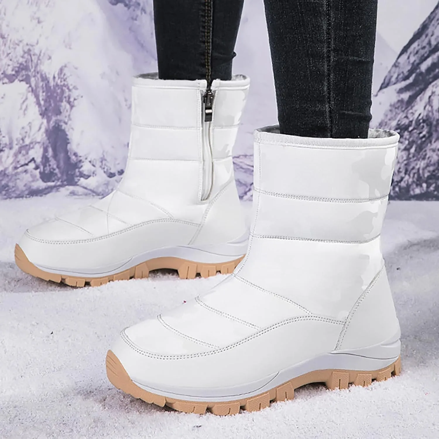 Women'S Winter Waterproof Platform Snow Boots Side Zipper Warm Fur Lined Outdoor Anti Slip Booties Casual Comfortable Insulation Cold-Resistant Mid-Calf Boot Shoes