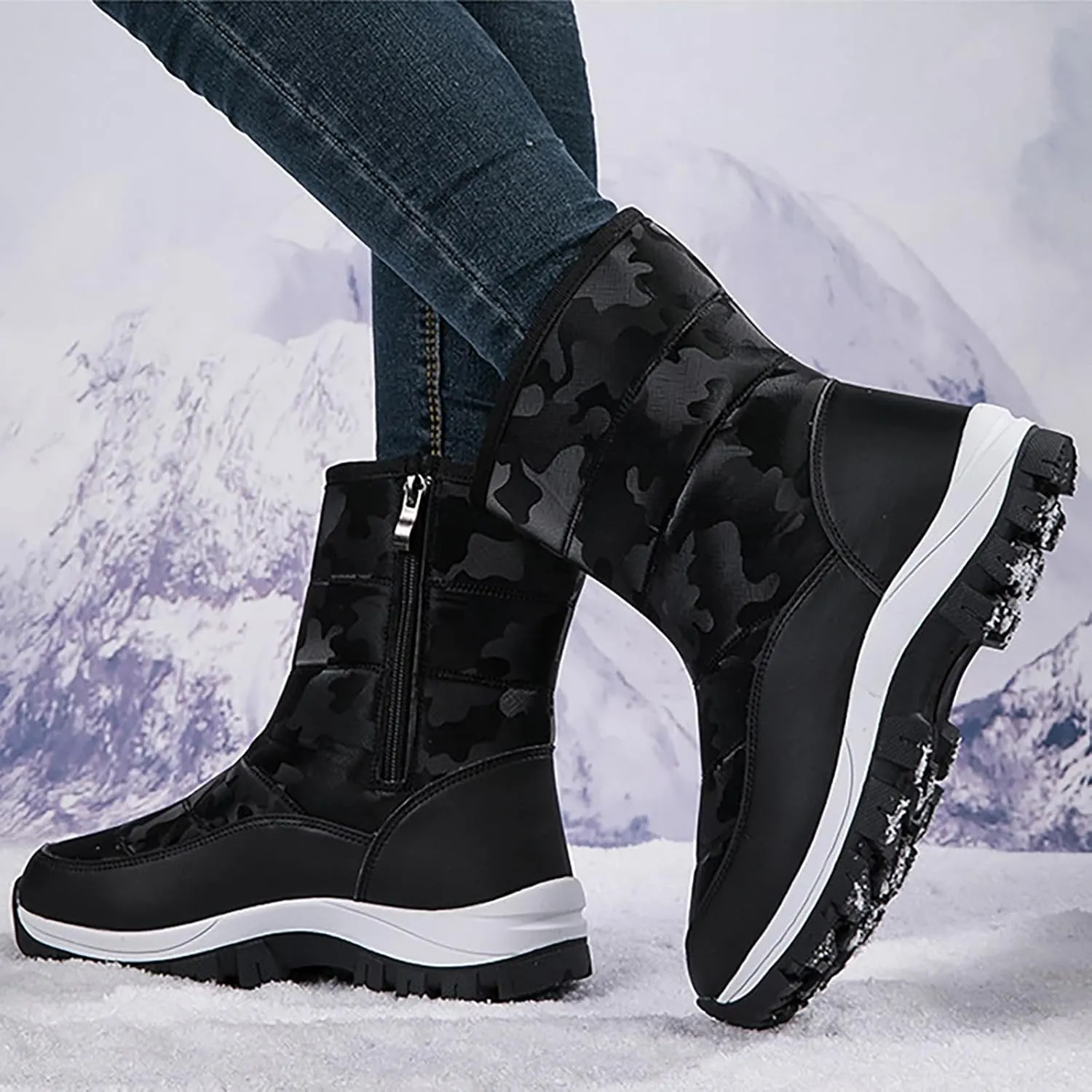 Women'S Winter Waterproof Platform Snow Boots Side Zipper Warm Fur Lined Outdoor Anti Slip Booties Casual Comfortable Insulation Cold-Resistant Mid-Calf Boot Shoes