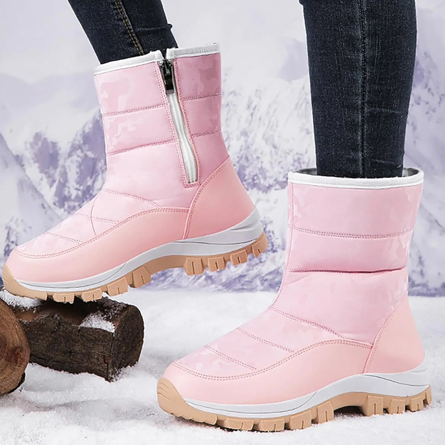 Women'S Winter Waterproof Platform Snow Boots Side Zipper Warm Fur Lined Outdoor Anti Slip Booties Casual Comfortable Insulation Cold-Resistant Mid-Calf Boot Shoes