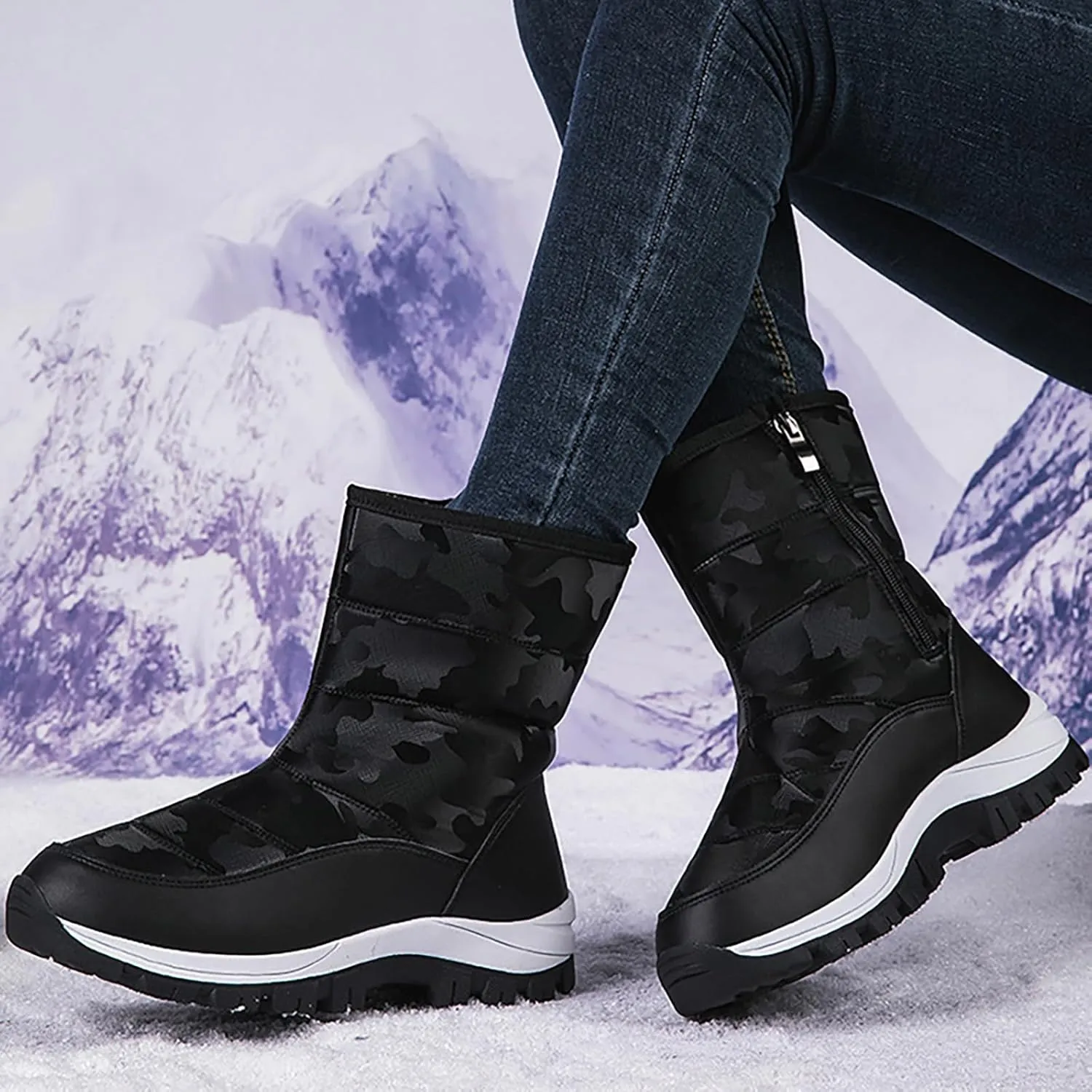 Women'S Winter Waterproof Platform Snow Boots Side Zipper Warm Fur Lined Outdoor Anti Slip Booties Casual Comfortable Insulation Cold-Resistant Mid-Calf Boot Shoes