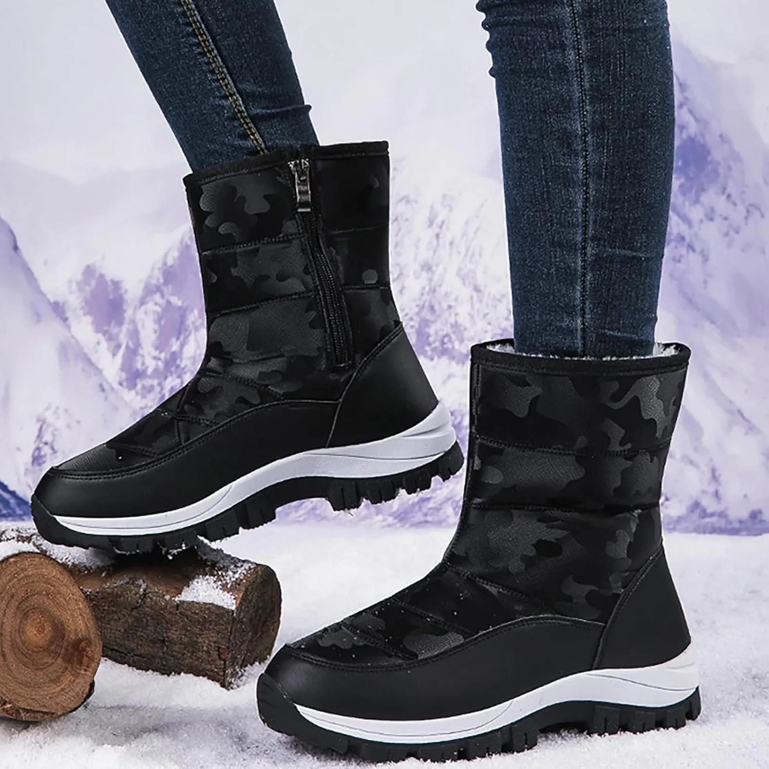 Women'S Winter Waterproof Platform Snow Boots Side Zipper Warm Fur Lined Outdoor Anti Slip Booties Casual Comfortable Insulation Cold-Resistant Mid-Calf Boot Shoes
