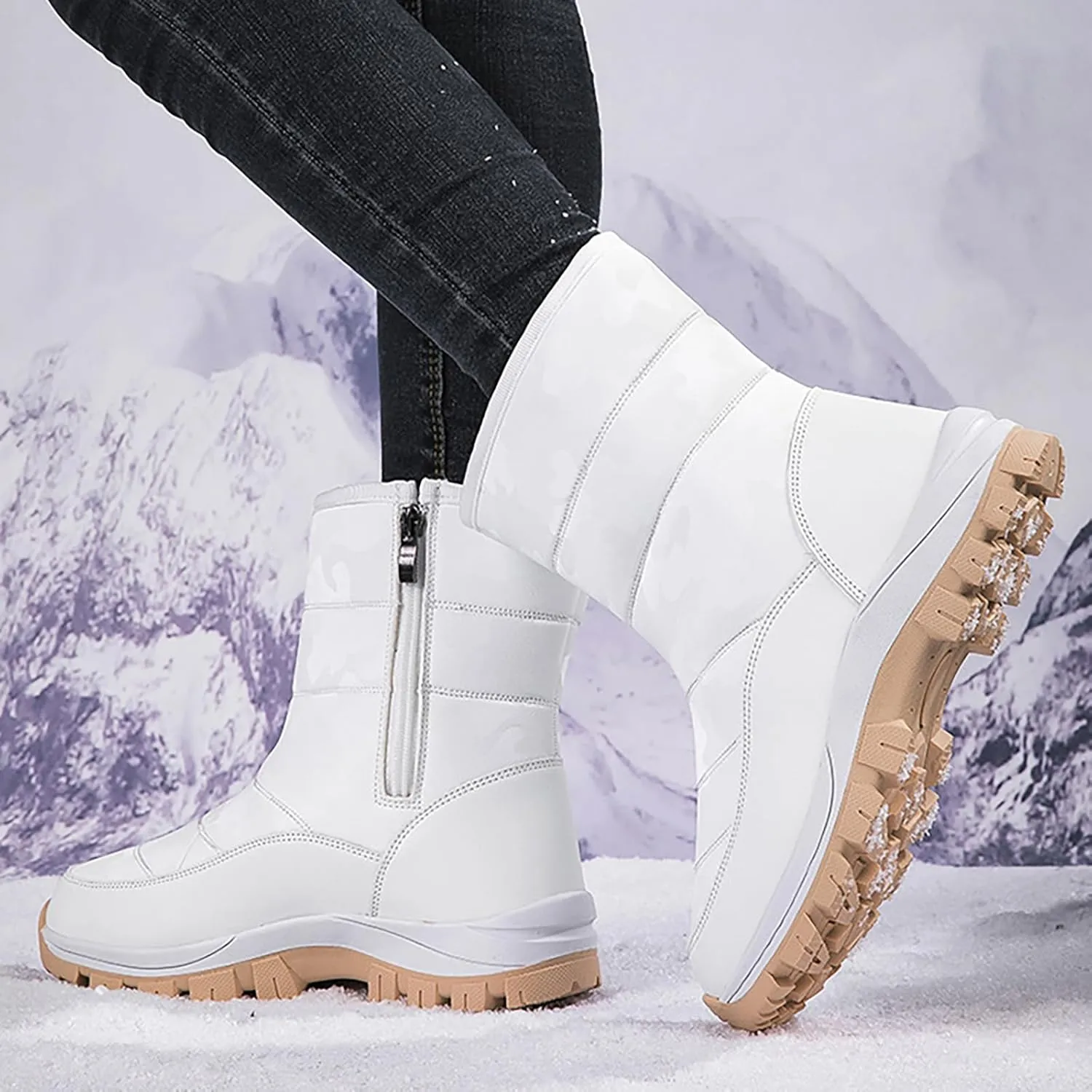 Women'S Winter Waterproof Platform Snow Boots Side Zipper Warm Fur Lined Outdoor Anti Slip Booties Casual Comfortable Insulation Cold-Resistant Mid-Calf Boot Shoes