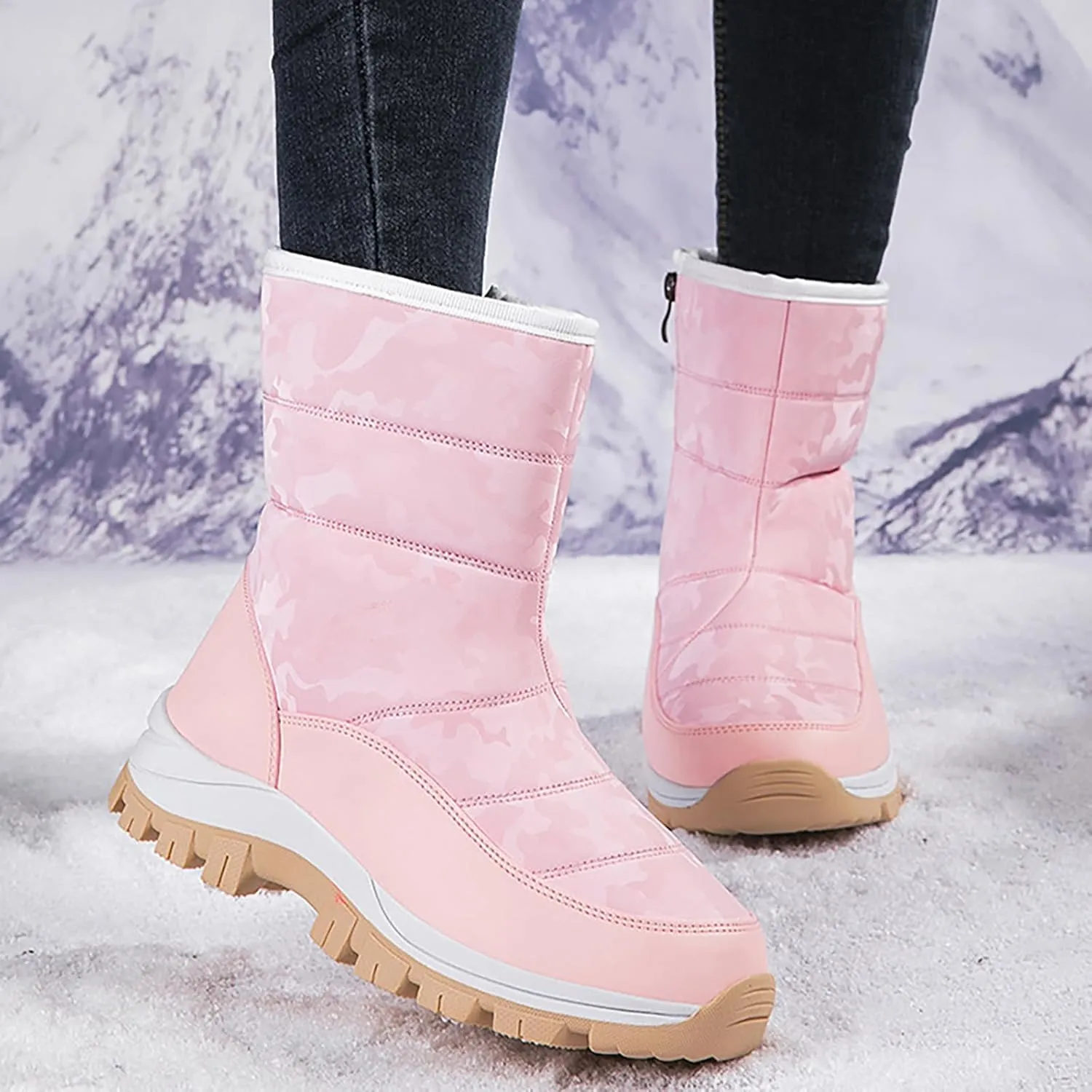 Women'S Winter Waterproof Platform Snow Boots Side Zipper Warm Fur Lined Outdoor Anti Slip Booties Casual Comfortable Insulation Cold-Resistant Mid-Calf Boot Shoes