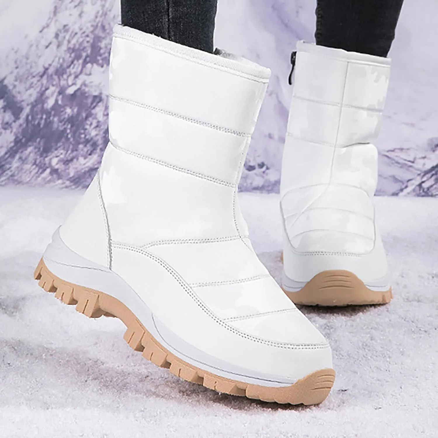 Women'S Winter Waterproof Platform Snow Boots Side Zipper Warm Fur Lined Outdoor Anti Slip Booties Casual Comfortable Insulation Cold-Resistant Mid-Calf Boot Shoes