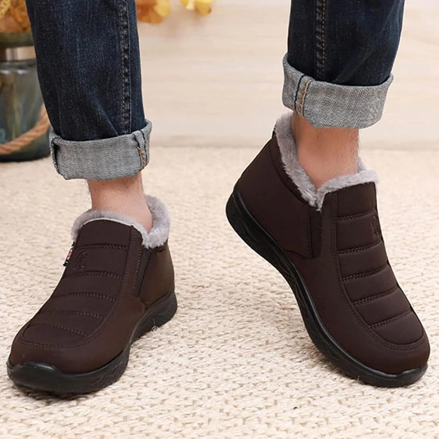 Yiozoi Men's Short Snow Boots Indoor and Outdoor Snow Proof Warm Velvet Walking Shoes Low Top Men's Casual Boots Anti Slip