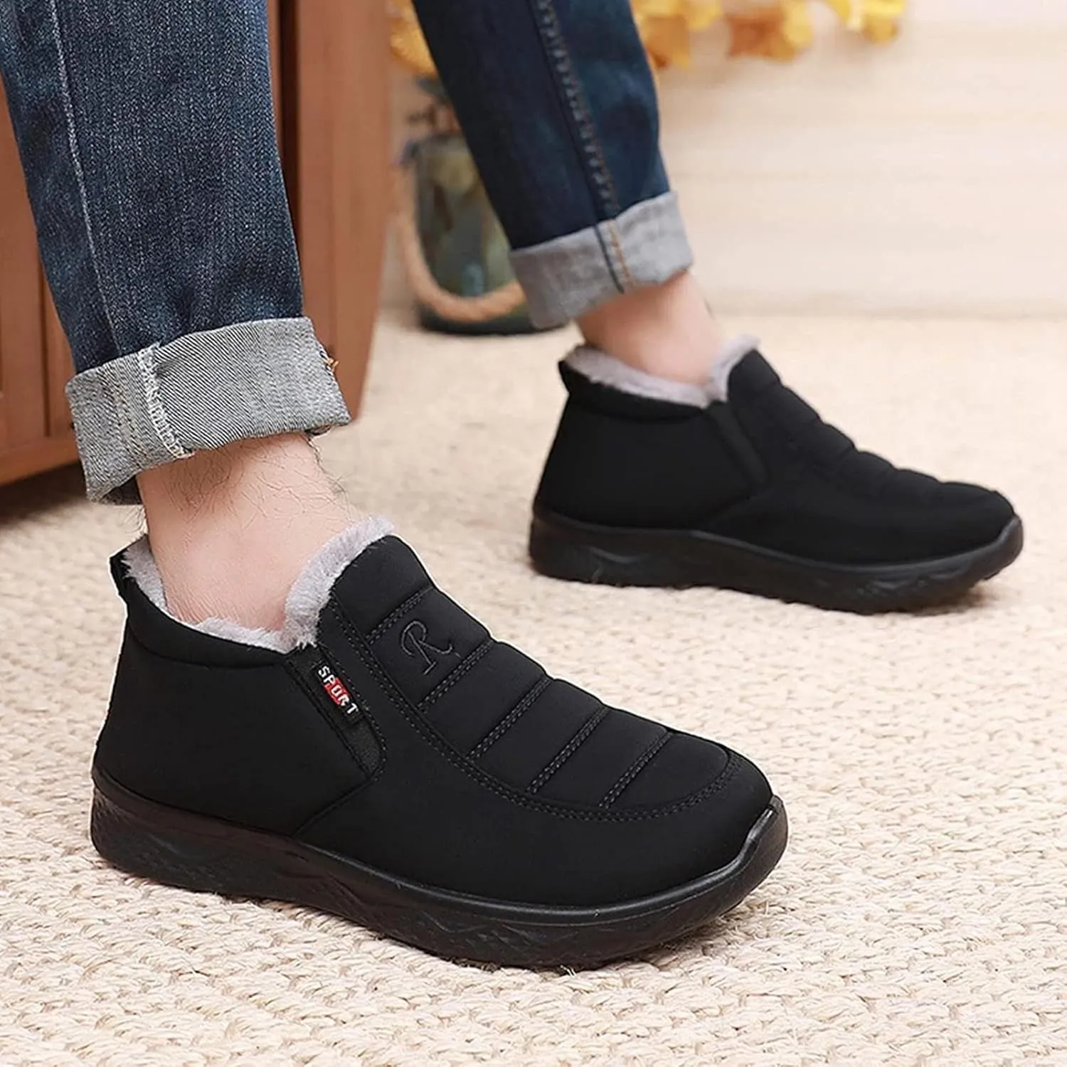 Yiozoi Men's Short Snow Boots Indoor and Outdoor Snow Proof Warm Velvet Walking Shoes Low Top Men's Casual Boots Anti Slip