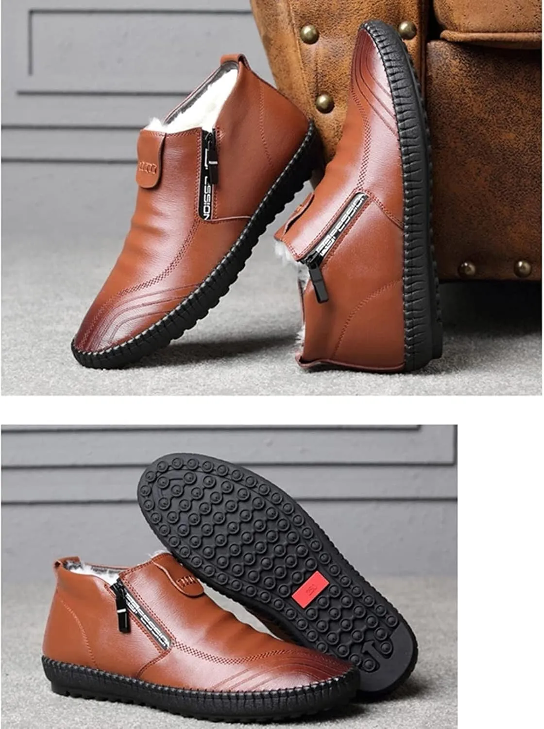 Yiozoi Winter Men's Snow Boots Warm Plush Daily Walking Shoes Flat Belt Side Zipper Light and Durable Warm Leather Work Boots
