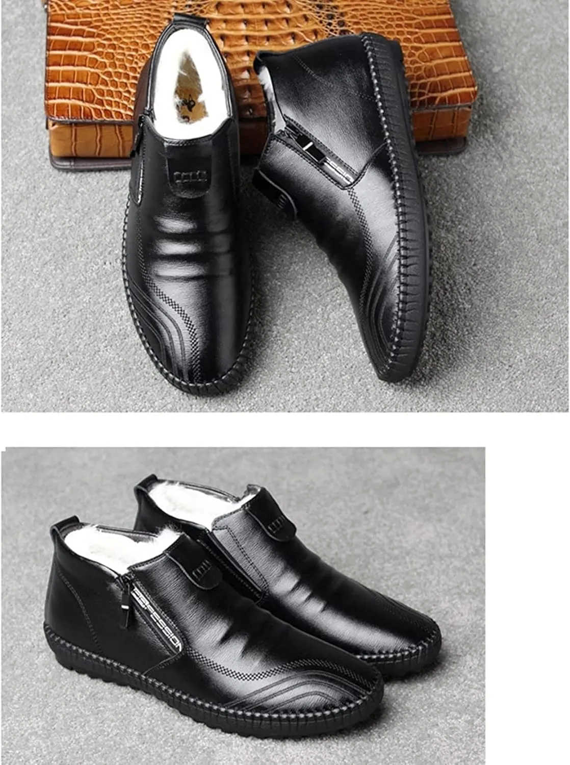 Yiozoi Winter Men's Snow Boots Warm Plush Daily Walking Shoes Flat Belt Side Zipper Light and Durable Warm Leather Work Boots