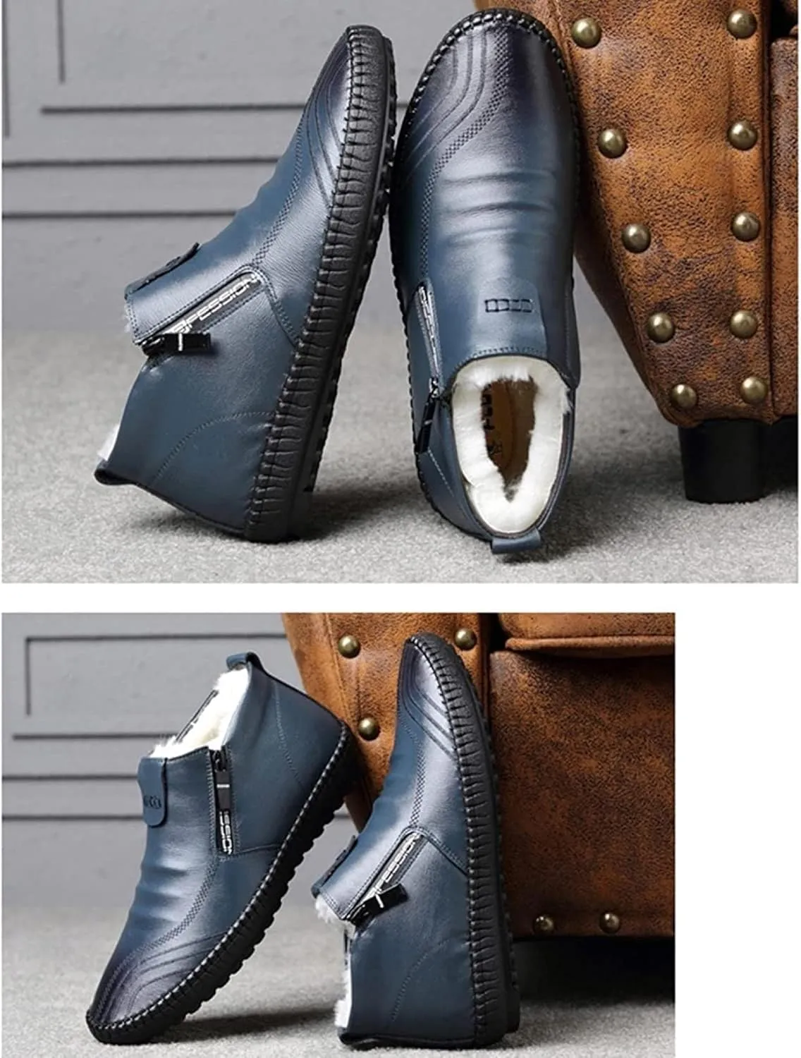 Yiozoi Winter Men's Snow Boots Warm Plush Daily Walking Shoes Flat Belt Side Zipper Light and Durable Warm Leather Work Boots