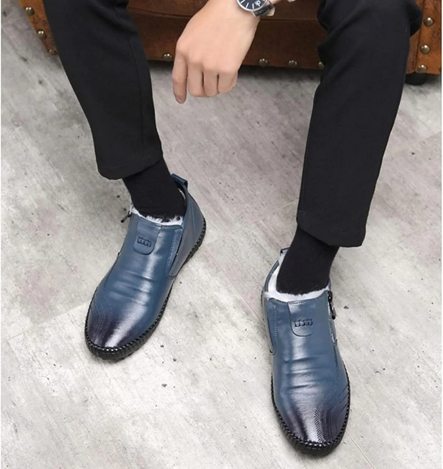 Yiozoi Winter Men's Snow Boots Warm Plush Daily Walking Shoes Flat Belt Side Zipper Light and Durable Warm Leather Work Boots