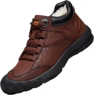 Yiozoi Winter Men's Snow Boots Warm Plush Daily Walking Shoes Flat Belt Side Zipper Light and Durable Warm Leather Work Boots
