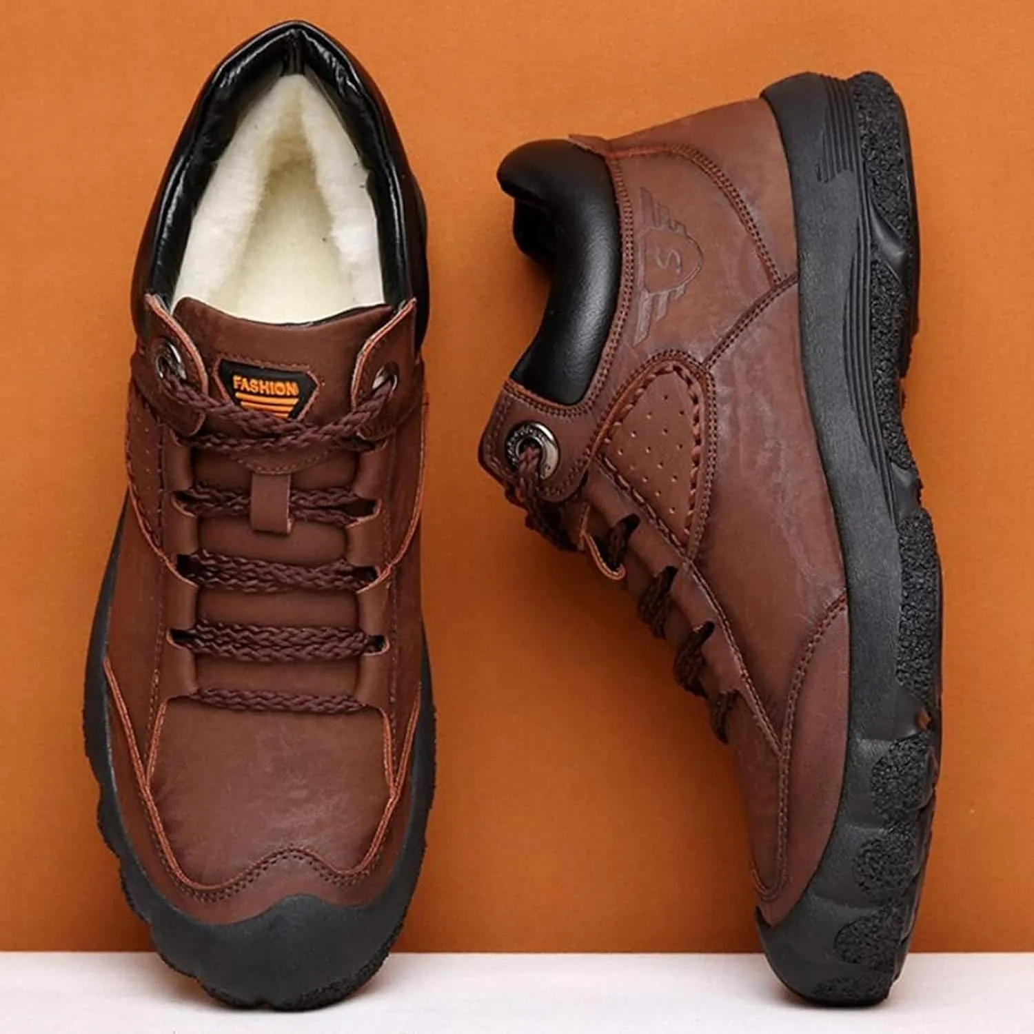 Yiozoi Winter Men's Snow Boots Warm Plush Daily Walking Shoes Flat Belt Side Zipper Light and Durable Warm Leather Work Boots