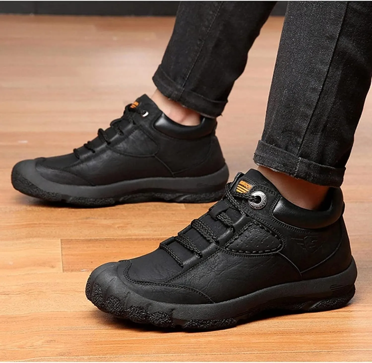 Yiozoi Winter Men's Snow Boots Warm Plush Daily Walking Shoes Flat Belt Side Zipper Light and Durable Warm Leather Work Boots