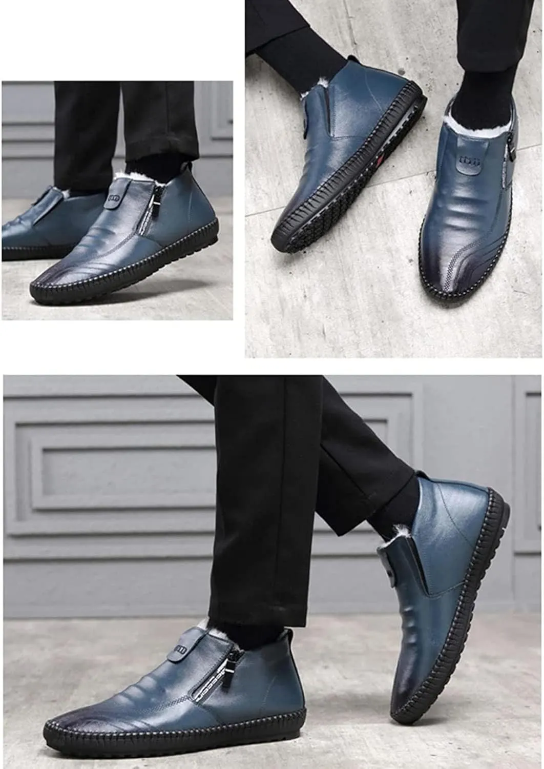 Yiozoi Winter Men's Snow Boots Warm Plush Daily Walking Shoes Flat Belt Side Zipper Light and Durable Warm Leather Work Boots