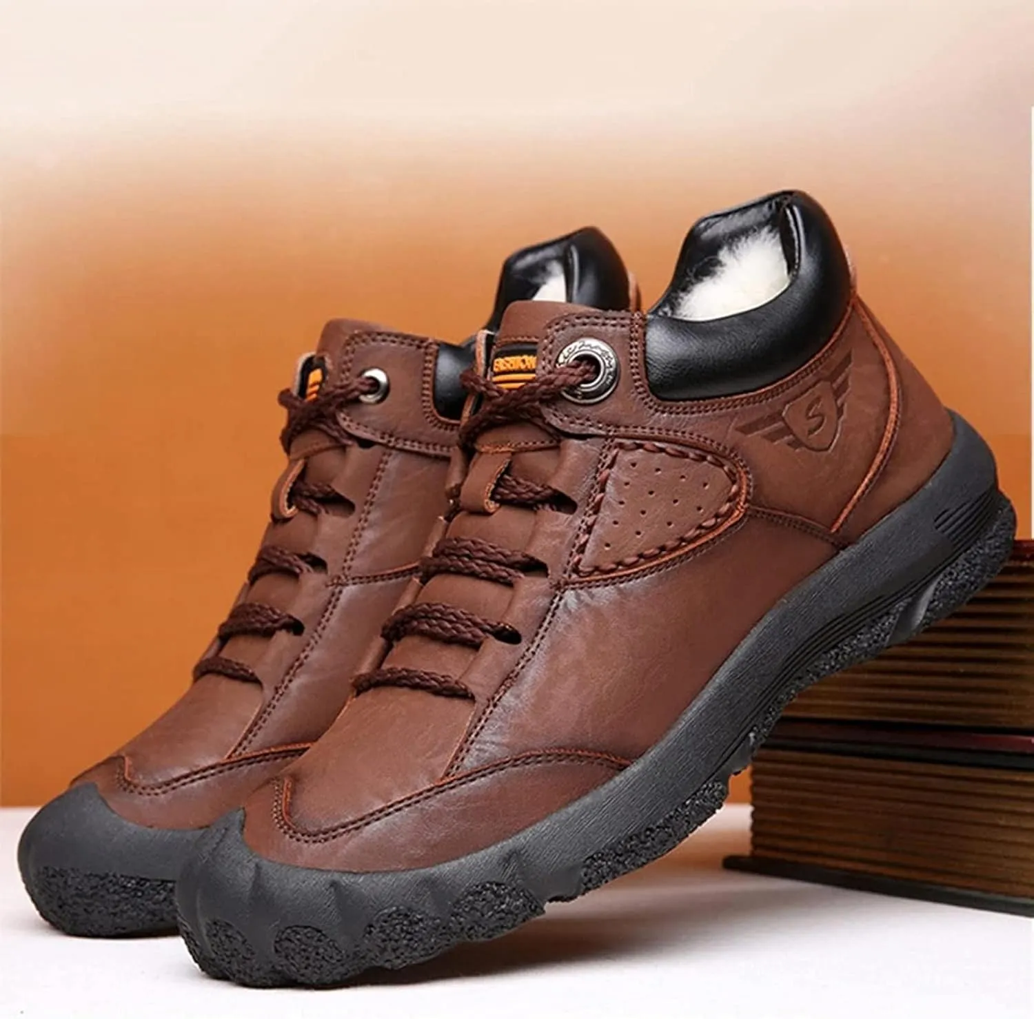 Yiozoi Winter Men's Snow Boots Warm Plush Daily Walking Shoes Flat Belt Side Zipper Light and Durable Warm Leather Work Boots