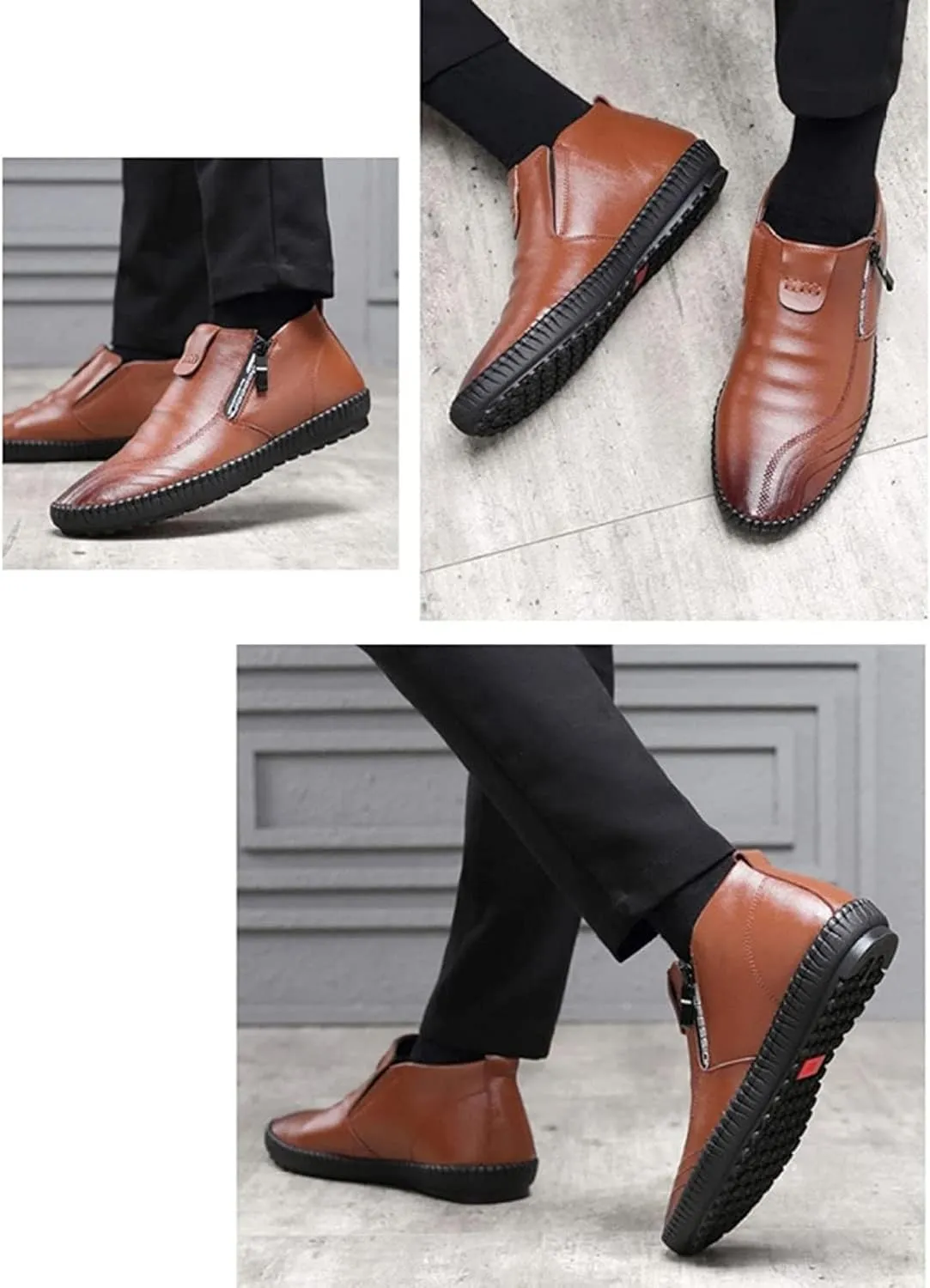 Yiozoi Winter Men's Snow Boots Warm Plush Daily Walking Shoes Flat Belt Side Zipper Light and Durable Warm Leather Work Boots