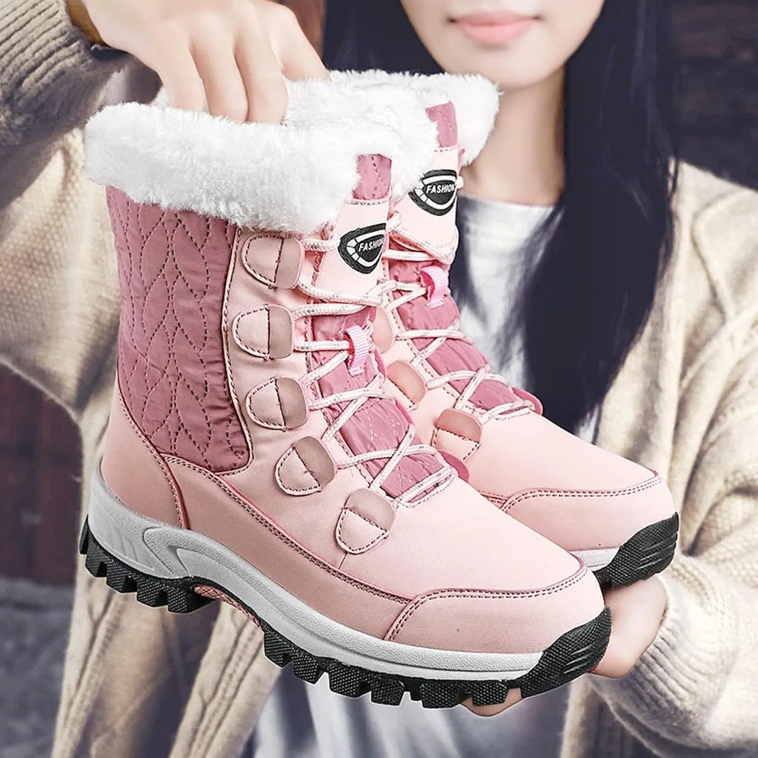ZDLJYL Womens Snow Boots Warm Fur Lined Winter Boots Anti Slip Ankle Boots Mid Calf Snowboots Waterproof and Cold-Resistant