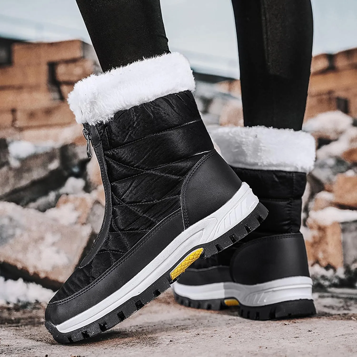 Zipper Mid Calf Snow Boots for Women Fleece Lined Warm Water Proof Boots Thick Bottom Non Slip Winter Snow Boots
