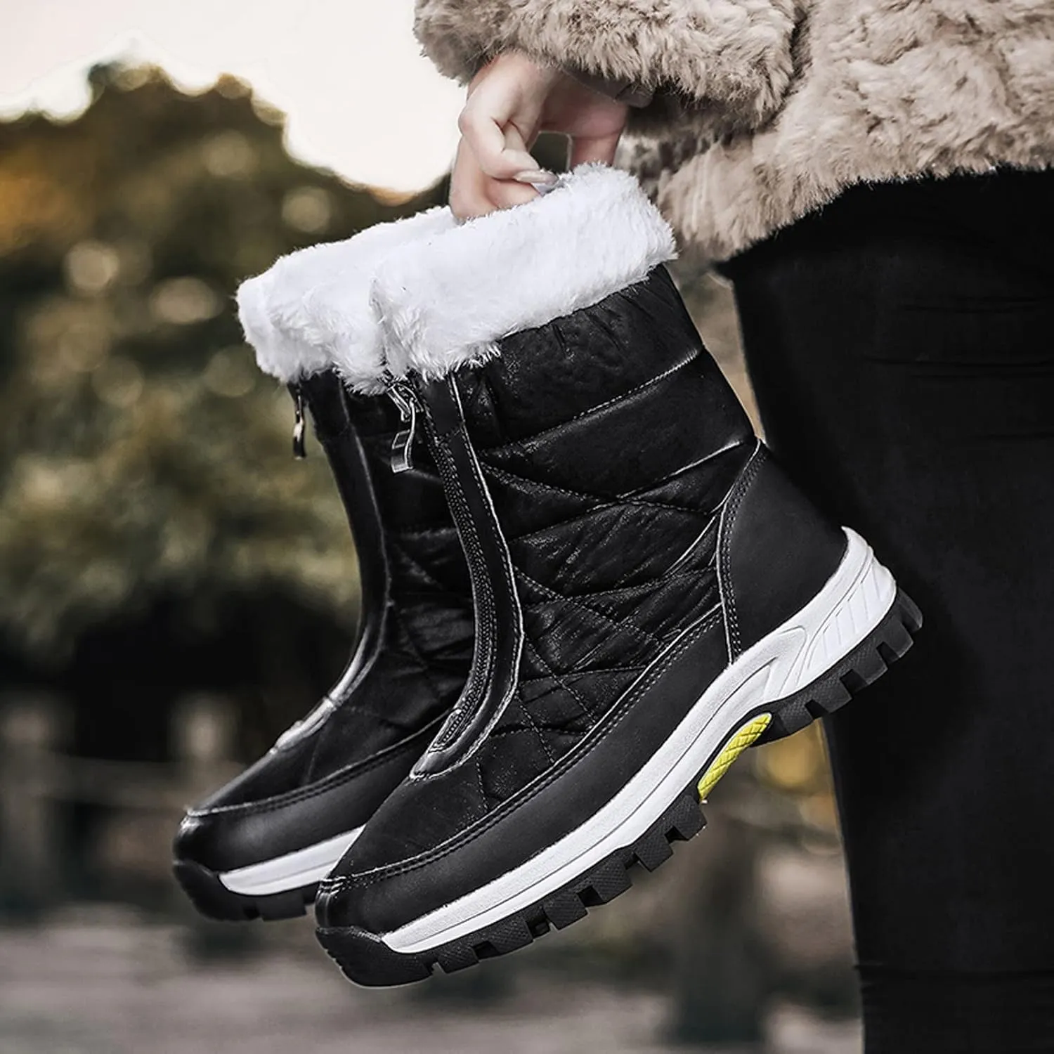 Zipper Mid Calf Snow Boots for Women Fleece Lined Warm Water Proof Boots Thick Bottom Non Slip Winter Snow Boots