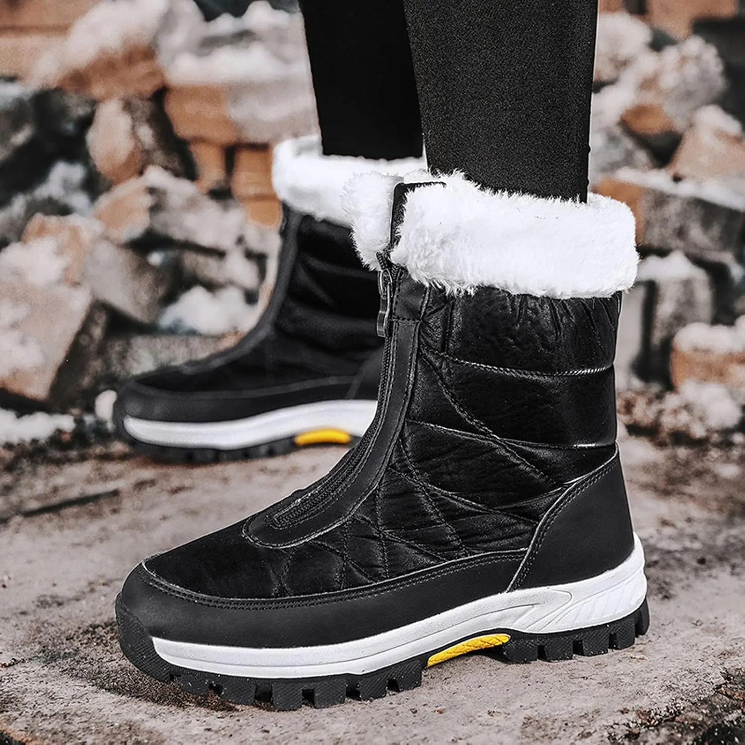 Zipper Mid Calf Snow Boots for Women Fleece Lined Warm Water Proof Boots Thick Bottom Non Slip Winter Snow Boots