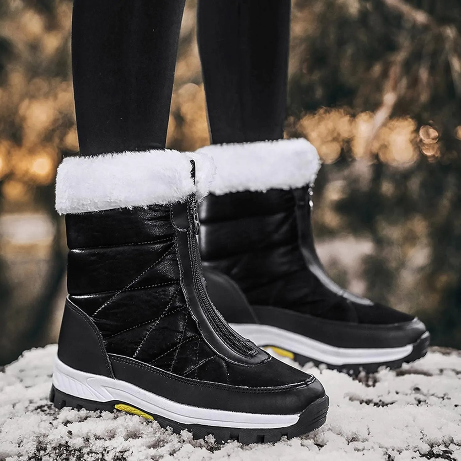 Zipper Mid Calf Snow Boots for Women Fleece Lined Warm Water Proof Boots Thick Bottom Non Slip Winter Snow Boots